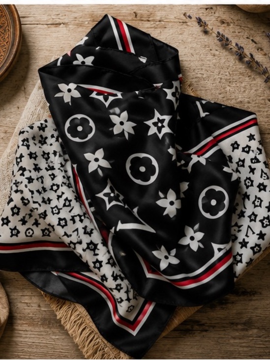 Luxe Accessories - Large Designer Inspired Black White Monogram Print Square Scarf Red Trim
